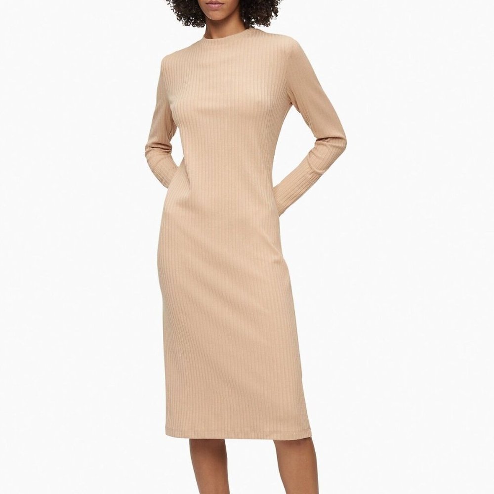Calvin Klein Women's Heathered Ribbed Knit Dress Beige NEW
